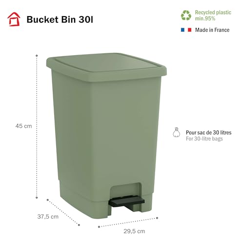 Image of Sundis Bucket Bin, 30L Pedal Bin, Removable Bucket, Rectangular, Recycled Plastic, Sage Green, for Kitchen, Office, Laundry, Workshop, Bathroom