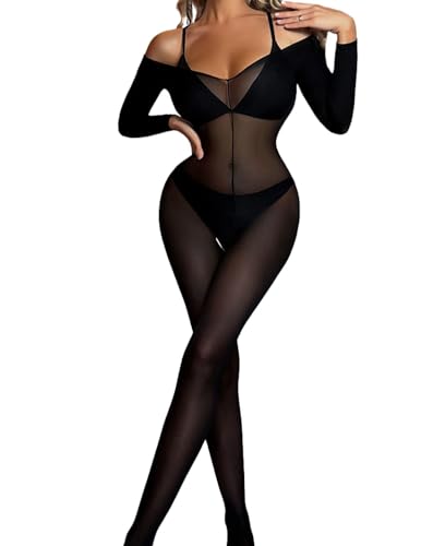 ROSVAJFY Bodystocking Damen Sexy Transparenter Netz Bodysuit Langen Ärmeln Elastische Ganzkörper Strumpfhose Full Body Stockings Frauen...