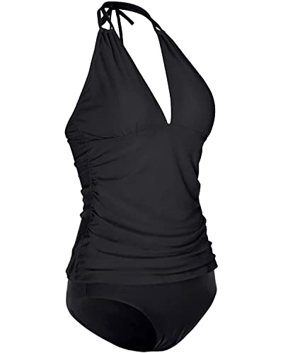 Yonique Womens Two Piece Swimsuits Solid Black Tummy Control Tankini Plus Size Bathing Suit Halter V Neck Swimwear L #TOP4