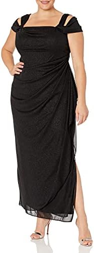 Alex Evenings Women's Plus Size Long Cold Shoulder Dress with Ruched Skirt, Black Glitter, 20W