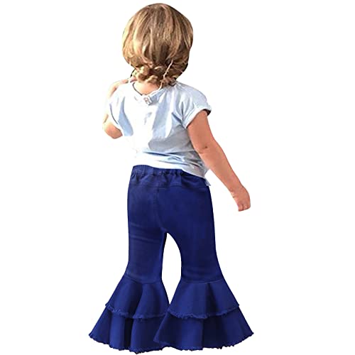 Toddler Girl's Flare Leg Elastic Waist Ripped Ra𝚠 Hem Button Baggy Jeans Solid Denim Pants Girls Flare Jeans3