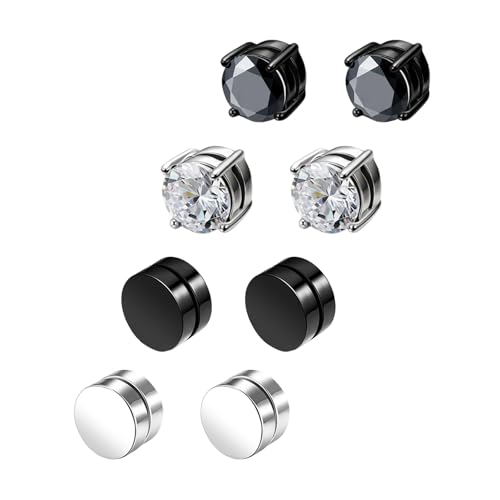 4 Pares Pendientes Magnéticos, Aretes Magnéticos de Acero Inoxidable, Pendientes Clip Sin Agujero para Hombres Mujeres Niños y Niñas, 8mm (Plata, Negro)