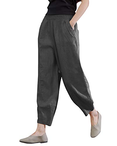 IXIMO Women's Linen Pants Lantern Tapered Elastic Waist Cropped Pants Trousers with Pockets Casual Capri Pants (Dark Gray, S)