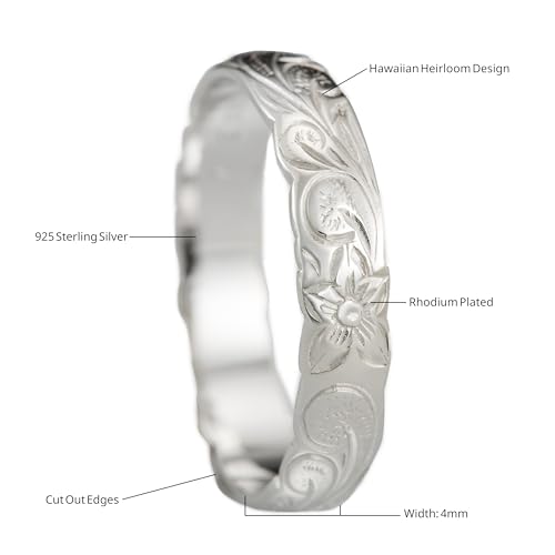 Aloha Jewelry Company 925 Sterling Silver 4mm Hawaiian Princess Plumeria Flower Scroll Ring Stackable Wedding Engagement Band, Nickel Free Hypoallergenic for Sensitive Skin, Gift Box Included4