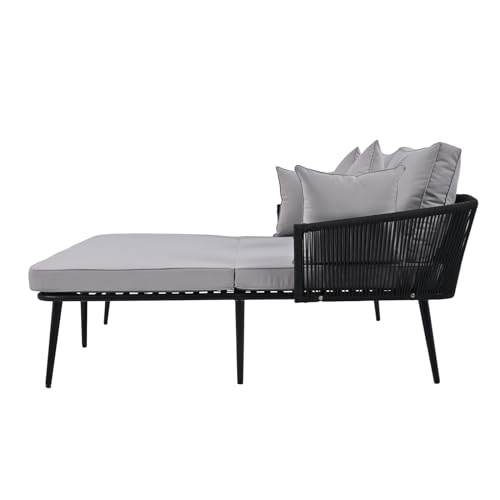 HOMIQUEEN Woven Nylon Rope Backrest Daybed,Outdoor Patio Sunbed with Washable Cushions, 2-Person Daybed Set with Iron Feet Support for Balcony Backyard Poolside,Grey - Thumbnail 5