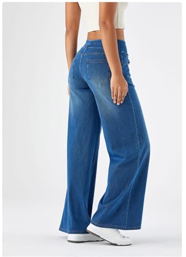Grevela Pull Up Jeans, Women's Wide Leg High Waisted Jeans Stretchy Trendy Denim Pants, Pull on Wide Leg Jeans for Women3