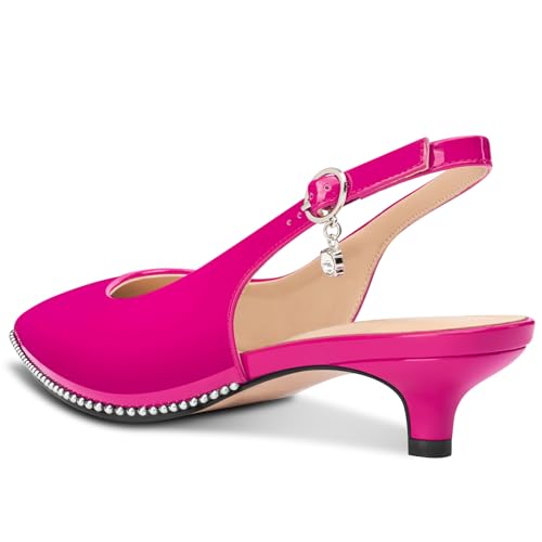 Image of TNYNFBEB Womens Low Kitten Heel Close Pointed Toe Pumps Slingback Silver Beaded Buckle Prom Party Dress Patent Leather 1.4 Inches Heels