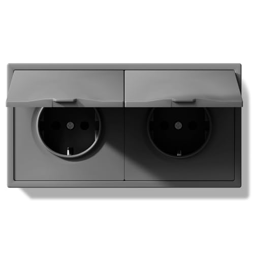 BSEEDLIFE Doble Enchufe Pared Enchufe Schuko con Tapa Impermeable de Empotrar 2 Gang 16A Marco