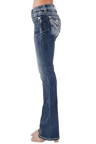 Miss Me Women's Sequined Cross Stitch Embellished Faux Flap Pockets Mid-Rise Bootcut Jeans3