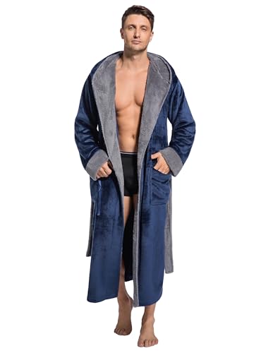 Mens Hooded Robe Ultra Soft Fluffy Flannel with Big Pockets Luxurious House Coat Fleece Plush Calf Length Bathrobe