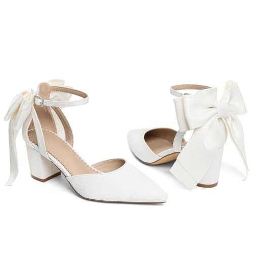 Yremael Women's White Bow Heels Pointed Toe Pumps Satin Ankle Strap Chunky Block Kitten Heel Dress Shoes - image 5