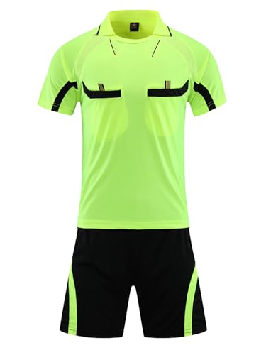 TiaoBug Traje De árbitro De Fútbol Para Hombre Camiseta De Manga Corta + Pantalones Cortos Con Cintura Elástica Uniforme De Partido Ropa Deportivo verde fluorescente L