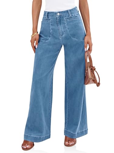 Jean large femme taille haute stretch pantalon denim baggy loose avec poches casual