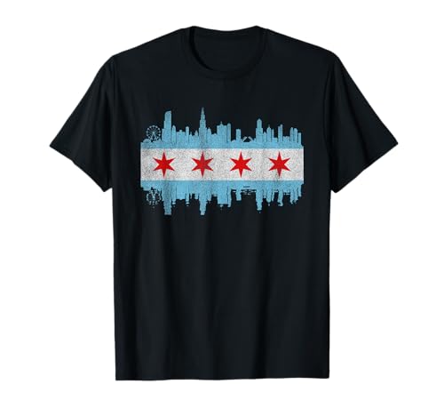 Chicago City Skyline Flag - Vintage Chicago City Distressed T-Shirt