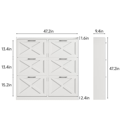 Image of Maupvit Large Shoe Storage Cabinet with 6 Flip Drawers, Freestanding Shoe Organizer with Metal Handles for Entryway, Narrow Shoe Rack Cabinet, White