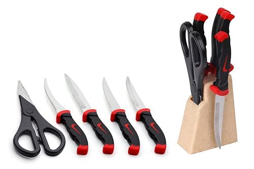 DK Trendz Stainless Steel Kitchen 5-PCs Knife Set with Wooden Stand & Scissor Vegetable & Meat Cutting – Made in India (Knife Set – Red)