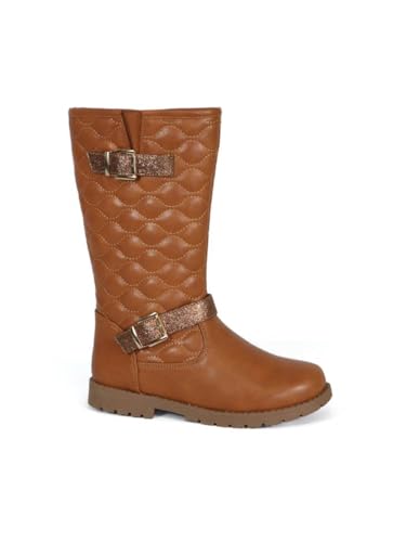 Girls Quilted Design Knee High Riding Boots with Glitter Straps for Kids Rust