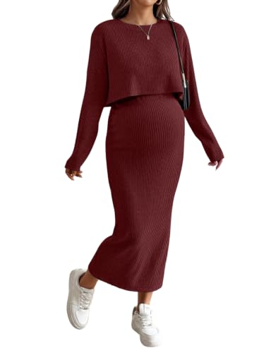 BLENCOT Maternity 2 Piece Outfits Ribbed Crop Top Midi Skirt
