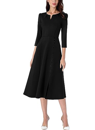 VFSHOW Womens Pleated Notch Neck Front Slit Buttons Pockets Office Business Work Slim Fit A-line Fit and Flare Midi Dress2