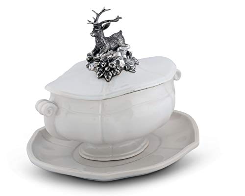 Vagabond House Pewter Metal Stag Forest Stoneware Soup Tureen 3 pieces Tureen/Lid/Tray 13\" Long x 9\" Wide - 13 Inches Long - Thumbnail 3