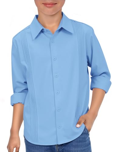 Haloumoning Boys Pleated Long Sleeve Dress Shirts Kids Button Down Collared Uniform Shirt 5-14 Years