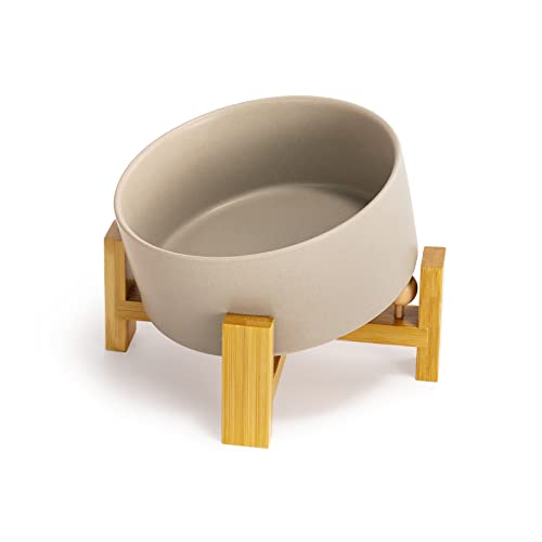 FeedFurry 犬 餌入れ ボウル 15度 斜め 陶器 猫 えさ 皿 ペット 食器 水入れ 木製 ボウルスタンド付 高さ調整可能 フードボウル 食べやすい 小型犬 850ml グレー