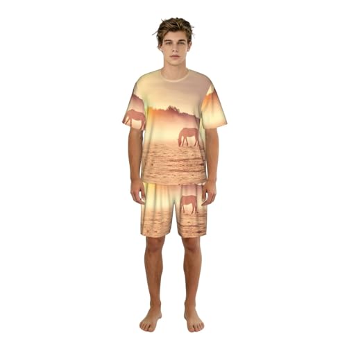 Pyjama hommes chevaux au coucher du soleil avec poches et col rond respirant