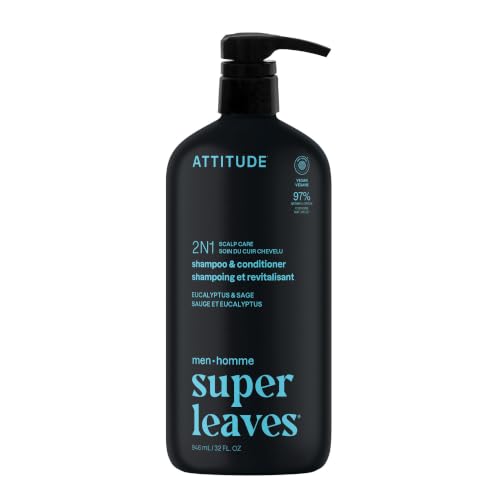 Image of ATTITUDE Men's Shampoo and Conditioner 2-in-1, Scalp Care for Build Up & Oily Hair, Refresh With Peppermint & Willow Extract, 97% Natural Origin Ingredients, EWG Verified, Eucalyptus & Sage, 32 Fl Oz
