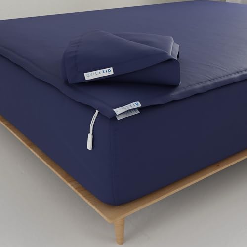 Image of QuickZip Fitted Plus Spare Bundle: 1 Fitted Sheet (Base + Zip Sheet) & 1 Zip Sheet - Easy to Change, Won't Pop Off - Soft Percale 400 TC 100% Cotton - 13.5 inch Deep Pockets RV Queen Size - Deep Navy