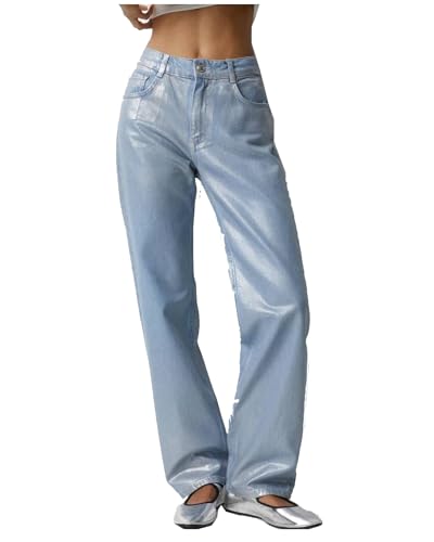 Women's High Waist Jeans Metallic Baggy Boyfriend Casual Pant Y2K Straight Leg Denim Pants