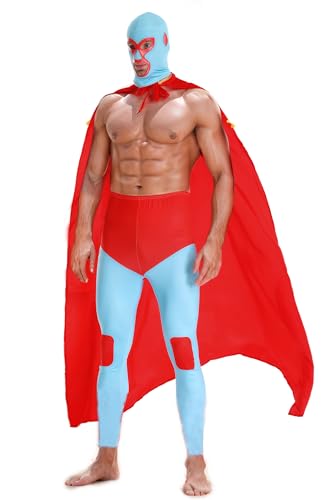 POEWAUVE Mexican Wrestler Costume Deluxe Halloween Cosplay Red Long Cloak Maske (L)