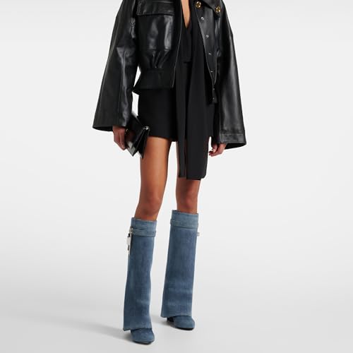 Image of Arqa Knee High Boots Womens Wedge High Heels Shark Boots Fold Over Pull-on Pointed Toe Tall Fashion Boots for Women