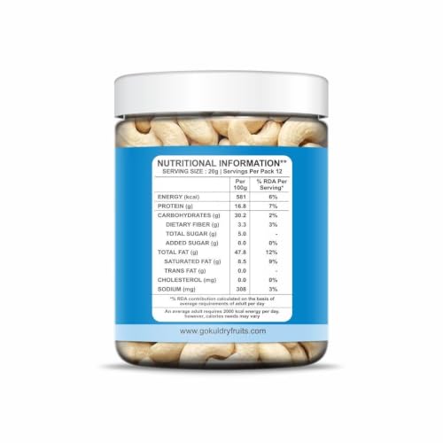Image of GOKUL Premium Roasted & Salted Cashews 250g | Premium Salted Whole Kaju w240 | Crunchy & Flavourful Dry Fruit Snack | Rich in Protein & Fiber | Healthy Gifting Option
