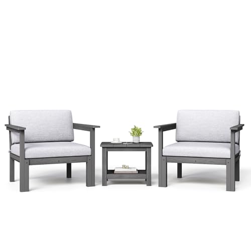 Image of Modular Outdoor Patio Conversation Set, 3-Piece HIPS Chairs with Side Table & Thick Cushions- Side Interlock & Detachable Armrest, All-Weather Patio Furniture Set for Backyard, Deck, Poolside