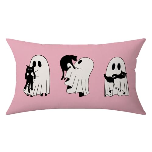 Image of NUTEEN Pink Halloween Pillow Covers 20x12 Inch Cute Ghost Holding Black Cats Throw Pillowcases Cushion Cover for Couch Bedroom Outdoor Farmhouse Decor Lumbar