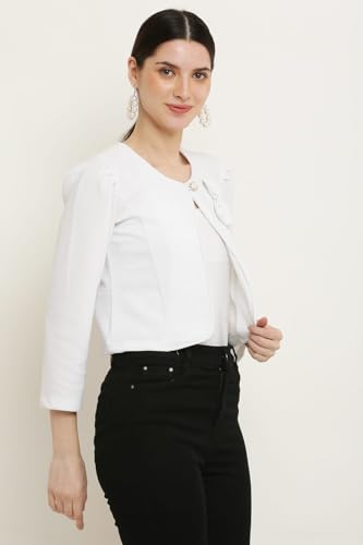 Image of Women's White Cropped Blazer with Bow Detail, Open Front, 3 /4 Sleeves, Textured Fabric