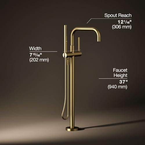 KOHLER T97328-4-2MB Purist Floor-Mount Bath Filler Trim with Handshower, Single Lever Handle Bathtub Faucet, 1.75 GPM Handshower, Vibrant Brushed Moderne Brass by Kohler - Image 3