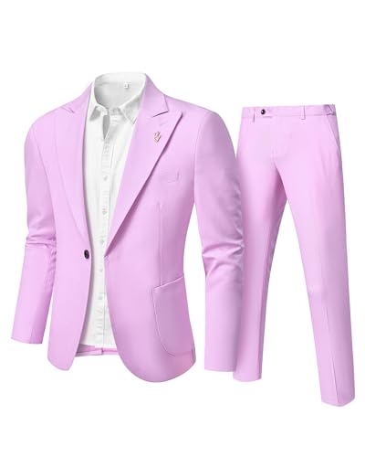 Hihawk Linen Suit for Men, 2 Pieces Casual Blazer and Pants, Summer Beach Wedding Suit Groomsmen Prom Tuxedo