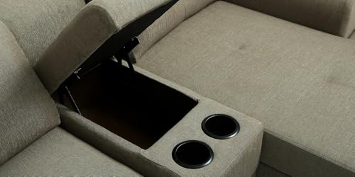 Image of Torque Arnold Fabric 8 Seater Sofa with Lounger and Cup Holder Beige | Corner Sofa Couch with Moveable Headrest | U Shape Sectional Sofa Set Living Room Office Home