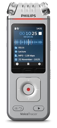 Philips VoiceTracer DVT4115 Enregistreur audio, MP3-PCM, 3 microphones Hifi, enregistrement à distance possible. Licence d'essai Sembly AI: transcription,...