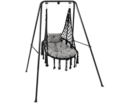 Consejos y reviews para comprar Sillas Colgantes con Soporte para Jardín que Puedes comprar On-line. 37 Silla columpio con soporte, silla colgante de macramé con cojín, soporte de hamaca de acero resistente, columpio colgante bohemio para interior, recámara, patio, jardín...