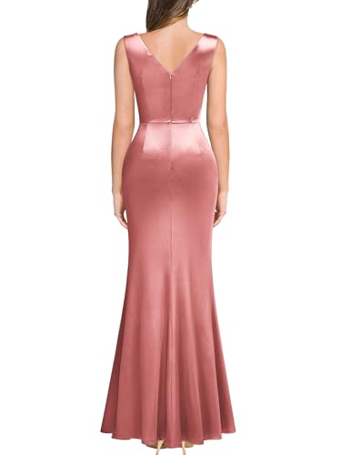 Image of Miusol Women's V-Neck Sleeveless Elegant Satin Ruched Slit Party Formal Maxi Dress