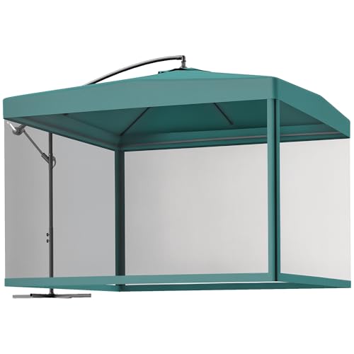 Outsunny Parasol Excéntrico Ø 295 cm Sombrilla de Jardín con Ángulo Ajustable Mosquiteras Base Cruzada y Manivela para Terraza Patio Exterior Verde Oscuro