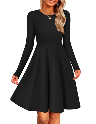 Zeagoo Strickkleid Damen Herbst Langarm Rundhals Kleider Einfarbig Tunika Kleid Elegant A-Linie Winterkleid Leichte Pulloverkleid Schwarz M