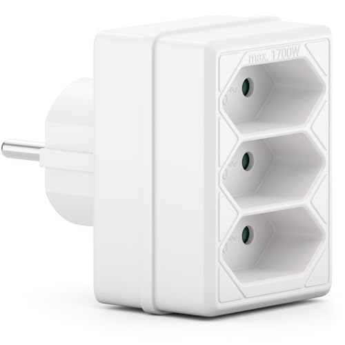deleyCON Adaptador de Enchufe Múltiple Interior con Cable Euro - Adaptador de Corriente/Regleta 3X Toma Euro, 2,5 A, Máx. 1700 W - Blanco