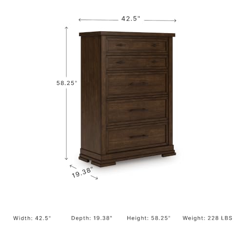 Image of Signature Design by Ashley Taffenbrook Farmhouse 5-Drawer Chest with Felt-Lined Top Drawer and Easy Glide for Bedroom, Dark Brown