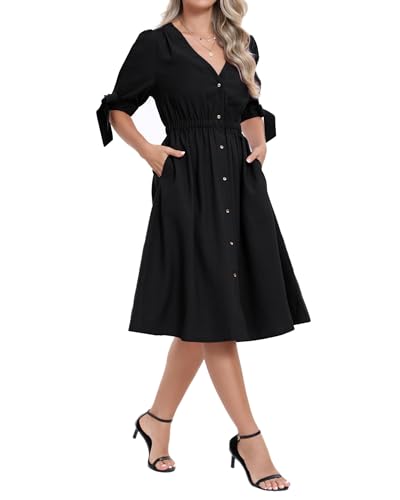 Image of Women Linen Rayon Blend Midi V Neck Button Front Elastic Waist Puff Sleeve Tie Casual Summer Dress