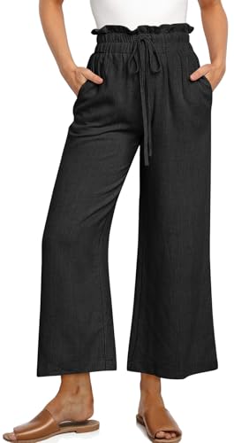 UEU Womens Linen Pants Summer Wide Leg Casual Loose High Waist Drawstring Palazzo Capri with Pockets- 25