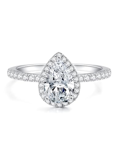 IMOLOVE Pear Shaped Engagement Ring, Moissanite Rings for Women, Promise Rings for Her 2CT D Color VVS1 Clarity Teardrop Halo Engagement Ring 925 Sterling Silver with 18K Gold Plated Size 7