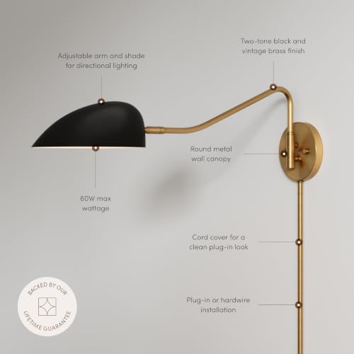 Image of Nathan James Bilson Plug-in Wall Sconce with Black Dome Shade and Brass Swing Arm, Vintaged Brass /Black